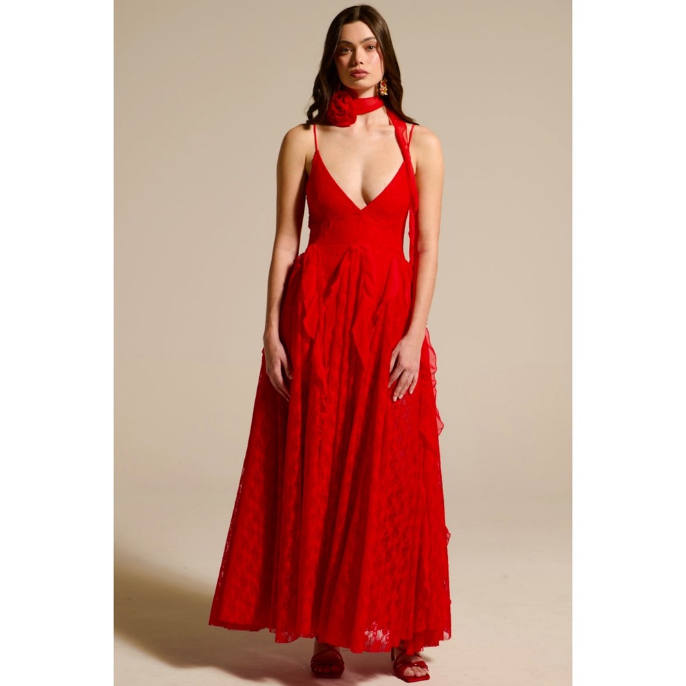 Red Lace Maxi Prom Dress Deep V Ruffle Sash Necklace Tie Party Formal Sold Out - Picture 11 of 11